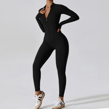 Long Sleeve Zipper Tight Fitness Jumpsuit for Women