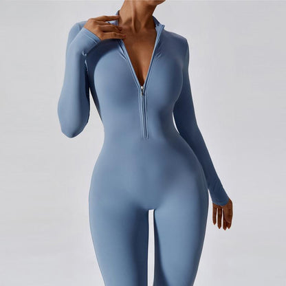 Long Sleeve Zipper Tight Fitness Jumpsuit for Women